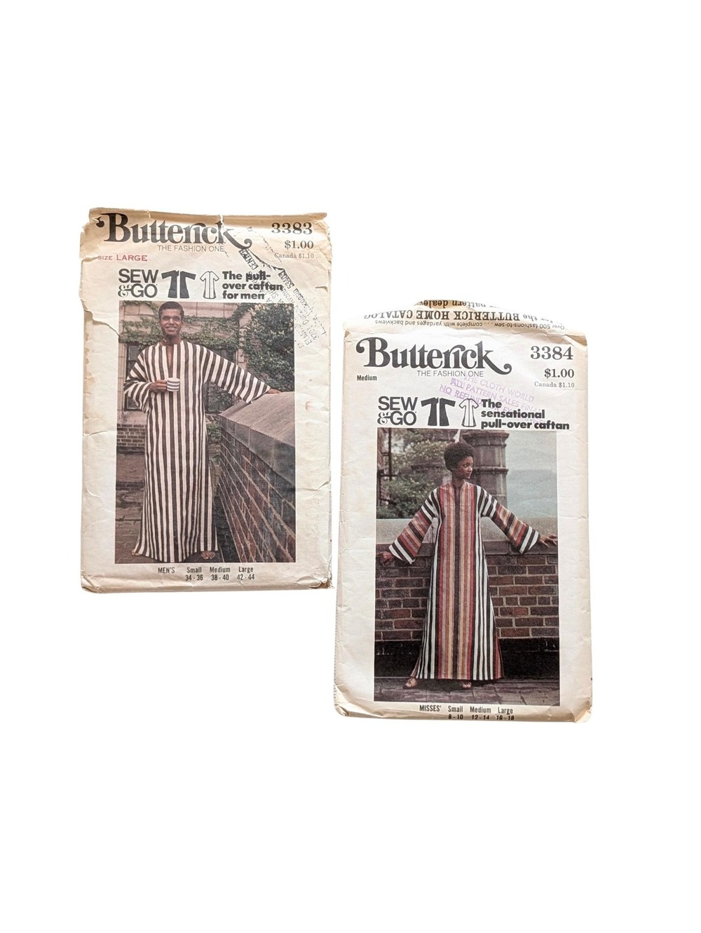 1970s Vintage Butterick 3383 & 3384 Sewing Patterns - Mens and Womens Caftans